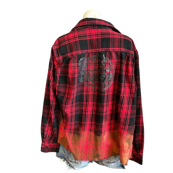 Motherhood & Wine Plaid Flannel Shirt Shacket Red LARGE Oversize Upcycle Unique - Picture 1 of 5